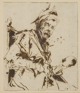 Halvlængde mand sidder i en stol iført en fjerhat og holder et kranie(?) i venstre hånd af Giuseppe Bernardino Bison