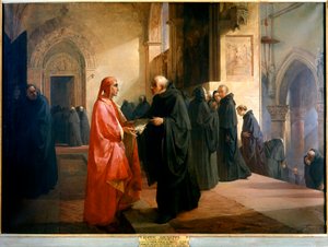 Dante Alighieri giver broder Ilario en notesbog, der indeholder en del af Den Guddommelige Komedie. af Giuseppe Bertini