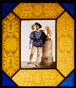 Billedhuggeren Mauro Gandolfi klædt som Giambologna af Giuseppe Bertini (1825-1898), ildmalet glas 49x42 cm, Italien