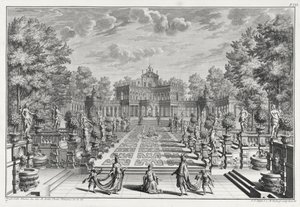 Kulisse for en opera i en have, fra Architectus Theatralis Primarius, indgraveret af Johann Andreas Pfeffel (1674-1748), udgivet 1740 af Giuseppe Bibiena