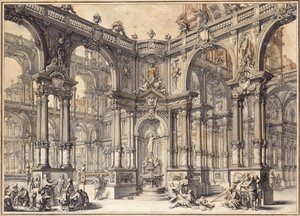 Portikoen af et italiensk palads med et springvand dekoreret med en statue af formue, af Giuseppe Bibiena