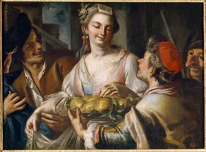 Karneval (Karneval). Populær festscene i Venedig, en ung mand tilbyder et frugtfad til en ung kvinde, der griber et æble, omgivet af karakterer, hvoraf den ene har en grotesk maske fra commedia dell
