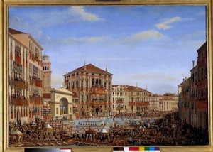 Besøg af Napoleon I i Venedig fra 28. november til 8. december 1807: Kejseren, der leder regattaerne på Canal Grande fra balkonen på Baldi-paladset, ankommer fra kapløbet, 2. december 1807 Maleri af Giuseppe Borsato (1771-1849). 1807 søn. 0,65 x