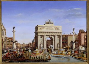Besøg af Napoleon I i Venedig fra 28. november til 8. december 1807: kejserens indgang i gondol på Canal Grande Procession af gondoler. Maleri af Giuseppe Borsato (1771-1849) 1800-tallet søn. 0,65x0,90 m. - Napoleons besøg i Venedig fra 28. nr