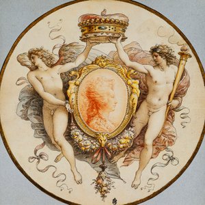 Et ovalt portræt af en kvinde i profil med en dekorativ kant af grotesker og swags, med flankerende allegoriske figurer af berømmelse og sejr, der holder en krone,