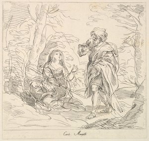 Siddende kvinde og skægget mand i et landskab, 1740-1802. af Giuseppe Canale