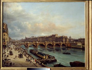 La cite et le Pont Neuf set fra Quai du Louvre I forgrunden en bådvask (bådvask) og den store aktivitet ved Seines breder. Maleri af Canella Giuseppe Canella l