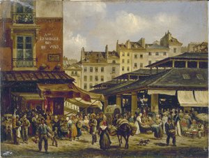 Les Halles og Rue de la Tonnellerie, ca. 1828 (olie på lærred)