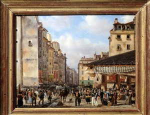 Les Halles og rue de la Tonnellerie i 1828: udsigt over Paris i det 19. århundrede. Maleri af Giuseppe Canella (1788-1847)