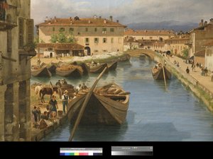 Udsigt over Naviglio-kanalen fra San Marco-broen i Milano, 1834
