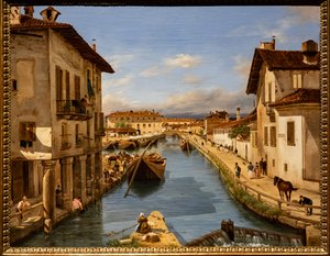 Udsigt over Naviglio-kanalen fra St. Marks bro, ca. 1850 (olie på lærred)