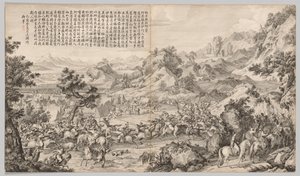 Angreb på lejren ved Gatan Ola: fra Battle Scenes of the Quelling of Rebellions..., ca. 1765-1774. af Giuseppe Castiglione