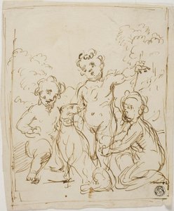 Tre putti og en hund i et landskab