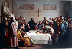 Pontidas ed Ceremoni for alliance den 07/04/1167 mellem kommunerne i Lombardiet mod det hellige romerske imperium af Frederic Barberossa. Det er oprindelsen af Lega Lombarda (Lombard League). (Nordlig Liga). Maleri af Giuseppe Diotti (1779-1846)