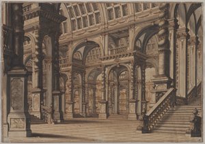 Monumental hvælvet hal med trappe, andet kvartal 1700-tallet. af Giuseppe Galli Bibiena