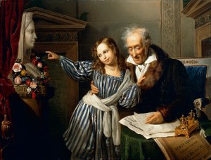 Gammel mand, der peger på Maria Luigias Herm til sit barnebarn, af Giuseppe Molteni, cirka 1830, olie på lærred