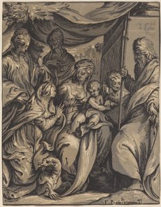 Jomfruen og barnet med hellige af Giuseppe Nicolo Vicentino, after Camillo Boccaccino
