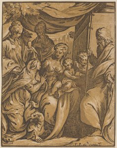 Jomfruen og barnet med hellige af Giuseppe Nicolo Vicentino, after Camillo Boccaccino