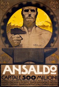 Arbejder med hammer og ambolt, plakat af Ansaldo fra Genova for tegning af nye aktier