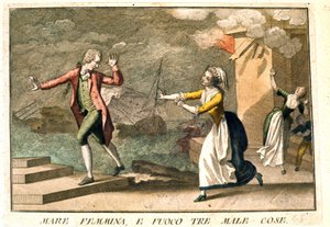 Ordsproget: "Havet, kvinderne og ilden: de tre onder". 1700-tals gravering, der illustrerer en række ordsprog. Giuseppe Piattoli (1740/50-1818). af Giuseppe Piattoli