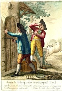 "Det nytter ikke noget at lukke stalden, når hestene er undsluppet." 1700-tals gravering, der illustrerer en række ordsprog. Giuseppe Piattoli (1740/50-1818) af Giuseppe Piattoli
