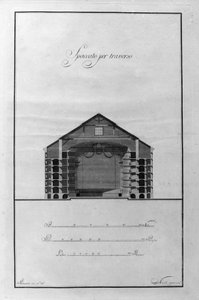 Architectural Cup of the Theatre of La Scala af Giuseppe Piermarini (1734-1808) omkring 1776-1778 Milano, Italien (Arkitektur udskåret tegning af teater alla Scala af Piermarini, Milano, Italien) Gravering af Giuseppe Piermarini