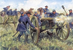 Den amerikanske borgerkrig: Soldater fra Nordstaterne (Unionen) bruger et gevær under et slag - Illustration af Giuseppe Rava af Giuseppe Rava