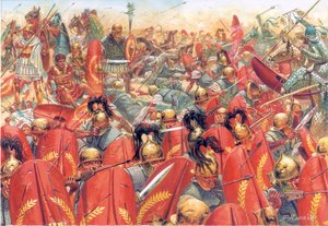 Det gamle Rom: Slaget ved Carrhes (eller Charan), hvor de romerske legioner under general Crassus besejrede partherne under ledelse af general Surena den 9. juni. af Giuseppe Rava