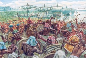 Det gamle Egypten: Slaget ved Deltaet var et søslag mellem Egypten og havfolkene omkring 1175 f.v.t., hvor den egyptiske farao Ramses III afviste en større søinvasion - Illustration af Giuseppe Rava af Giuseppe Rava