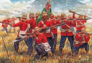 Anglo-Zulu-krigen: Soldater fra det britiske imperium i slaget ved Isandhlwana (Isandlwana eller Isandula) i Sydafrika, 22.01.1879 - Anglo-Zulu-krigen: Soldater fra det britiske imperium, slaget ved Isandlwana den 22. januar 1879 - Illustration af Giuseppe af Giuseppe Rava