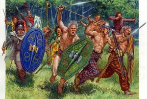 Antiquite: galliske krigere angriber, til venstre i et sting - galliske krigere angriber, en af dem til venstre bærer en ringbrynje - Illustration af Giuseppe Rava