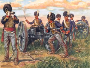 Det første imperium: Engelske artillerisoldater lader en kanon under slaget ved Waterloo i 1815 - First empire: soldater fra den britiske hær lader en kanon under slaget ved Waterloo i 1815 - Illustration af Giuseppe Rava af Giuseppe Rava