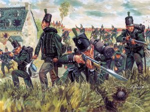 Napoleonskrigen: Britiske geværskytter fra 95th Regiment of Rifliers forsvarer et sandbrud under slaget ved Waterloo 18/06/1815 - (Napoleonskrigen: Britiske geværskytter forsvarer et sandbrud under slaget ved Waterloo den 18. juni 1815) Illustration af Giu af Giuseppe Rava