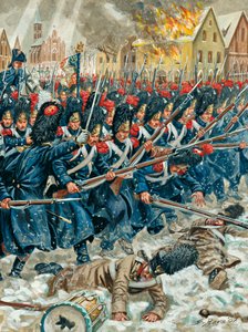 Det preussiske felttog: "Våbnet i armen" Grenaderer fra den kejserlige garde i slaget ved Eylau den 8/02/1807 - Det preussiske felttog: Slaget ved Eylau (eller Slaget ved Preussisch-Eylau) den 7. og 8. februar 1807 mellem Napoleons Grande Armee og en russi af Giuseppe Rava