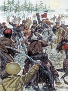 Den russiske borgerkrig (1917-1923): Kaukasus-soldater ved de hvide hæres side i 1919 - Russisk borgerkrig: Kosakkerne kæmper mod den hvide russiske hær i 1919 - Illustration af Giuseppe Rava af Giuseppe Rava