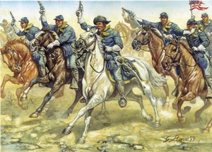 Separationskrigen (1861-1865): soldater fra Nordstaternes kavaleri (Unionen) under et slag - Amerikansk borgerkrig: soldater fra Nordstaternes kavaleri (Unionen) under et slag - Illustration af Giuseppe Rava af Giuseppe Rava