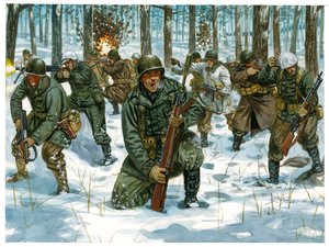 Anden Verdenskrig: Amerikansk infanterioffensiv under Ardenner-slaget i Bastogne, december 1944 - Anden Verdenskrig: Amerikansk offensiv under Ardenner-slaget, december 1944 - Illustration af Giuseppe Rava af Giuseppe Rava
