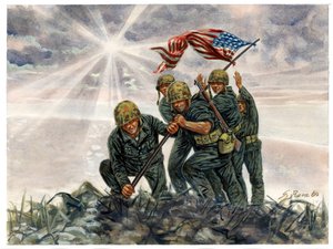 Anden Verdenskrig, Stillehavskrigen: Slaget om Iwo Jima, US Marines sejr i februar 1945 - Anden Verdenskrig, Stillehavskrigen: Slaget om Iwo Jima (Operation Detachment), den amerikanske marinesoldat hejser det amerikanske flag, februar 1945, Japan - Illust af Giuseppe Rava