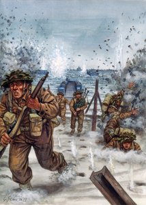 Anden Verdenskrig: Skotske soldater under landgangen i Normandiet 6/06/1944 - Anden Verdenskrig, D-dag: Skotske soldater på landgangsdagen i Normandiet, 6. juni 1944 - Illustration af Giuseppe Rava af Giuseppe Rava