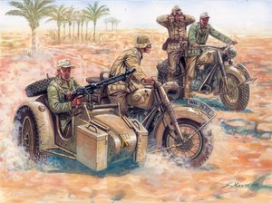 Anden Verdenskrig: Deutsches Afrikakorps (DAK Afrika Korps) ruller i den libyske ørken i sidevogne BMW af Giuseppe Rava
