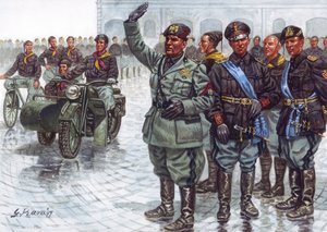 Duce Benito Mussolini (1883-1945), ledsaget af sine sortskjorter (Camicie nere), laver den fascistiske hilsen under en militærparade - Benito Mussolini og sortskjorterne under en militærparade - Illustration af Giuseppe Rava af Giuseppe Rava