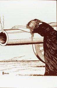 Første Verdenskrig: en allegori om krig, en kvinde, sandsynligvis enke, i fortvivlelse, stoler på en stadig rygende kanon. Plakat af Giuseppe Scalarini (1873-1948) 1914 Privat samling Bemærk! Brugen af dette værk kan være betinget af en anmodning om autori af Giuseppe Scalarini