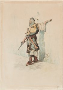 En maurisk soldat før en solbelyst mur