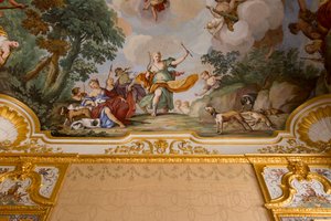Repræsentationer af myten om Diana, af Domenico og Giuseppe Valeriani, fresco, hvælvet loft i soveværelset, Kongens lejlighed, Jagtbolig, af Filippo Juvarra (1678-1736), Stupinigi, Piemonte, Italien af Giuseppe and Valeriani Domenico Valeriani