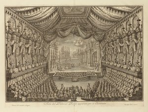 Opførelsen af La Serenata i det kongelige palads i Napoli par Vasi, Giuseppe (1710-1782). Kobberstik, størrelse: 41,5x62