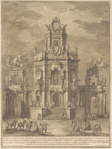 Seconda Macchina for Chinea fra 1776: Et palads med en loggia til lodtrækningen af Giuseppe Vasi, after Giuseppe Palazzi