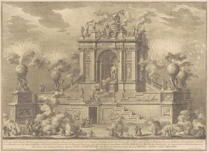 Prima Macchina for Kina fra 1767: En triumfbue med Farnese Hercules af Giuseppe Vasi, after Giuseppe Palazzi, after Paolo Posi