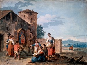 En gruppe bønder foran tabernaklet med den stående Madonna-statue, c1750.