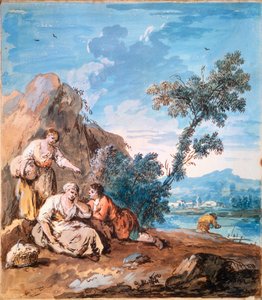Tre bønder hviler på en flodbred, c1750.