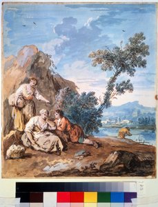 Tre bønder hviler på en flodbred. Maleri af Giuseppe Zais (1709-1784). Akvarel på papir, 29,5 x 26,2 cm, omkring 1750. Venetiansk skole, italiensk maleri 1700-tallet. Pushkin Fine Arts Museum,
